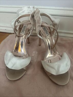 Badgley Mischka blush satin ruffle heel sandals